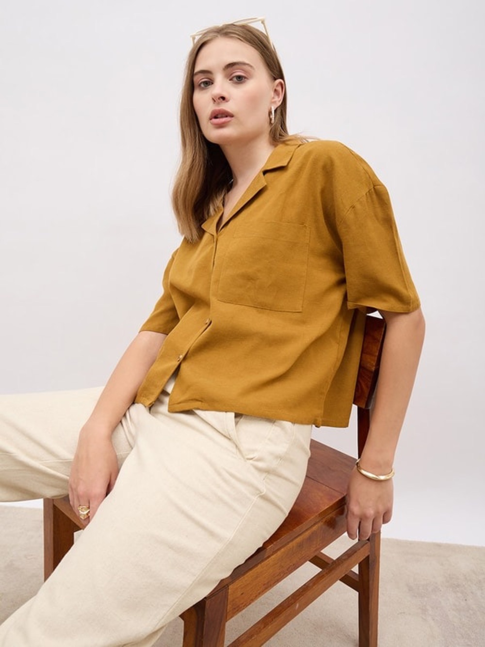Open Edit Nordstrom Satin Camp Short Sleeve Mustard Shirt